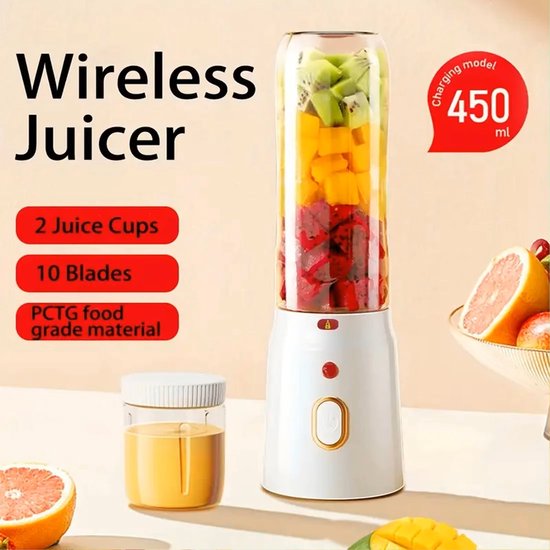 Krachtige Oplaadbare On-the Go Blender met 2Cups - Multifunctionele Blender - Perfect voor Smoothies, Milkshakes, Groente en Fruitsappen - Inhoud Cups: 450ml en 200ml - Kleur: Wit van BlendinQ — afbeelding 2