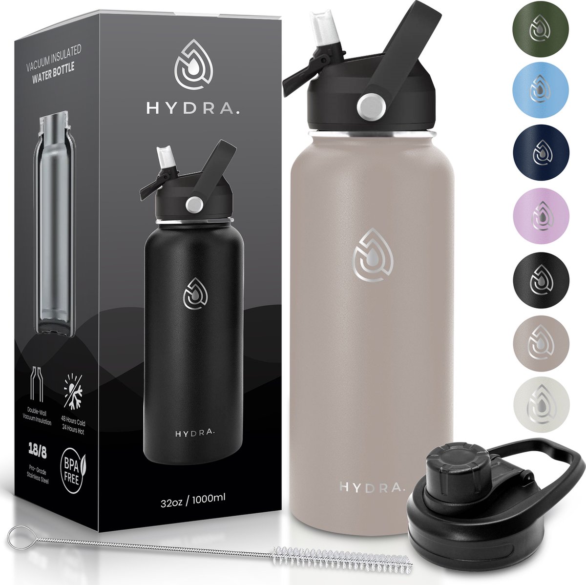 Hydra Essentials® RVS Drinkfles 1 Liter - Thermosfles met Rietje en Draaidop - Dubbelwandig BPA-vrij & Lekvrij - 24u Koud / 24u Warm - Inclusief Schoonmaakborstel - Cadeau voor Volwassenen - Sport, Werk & School - Balanced Beige