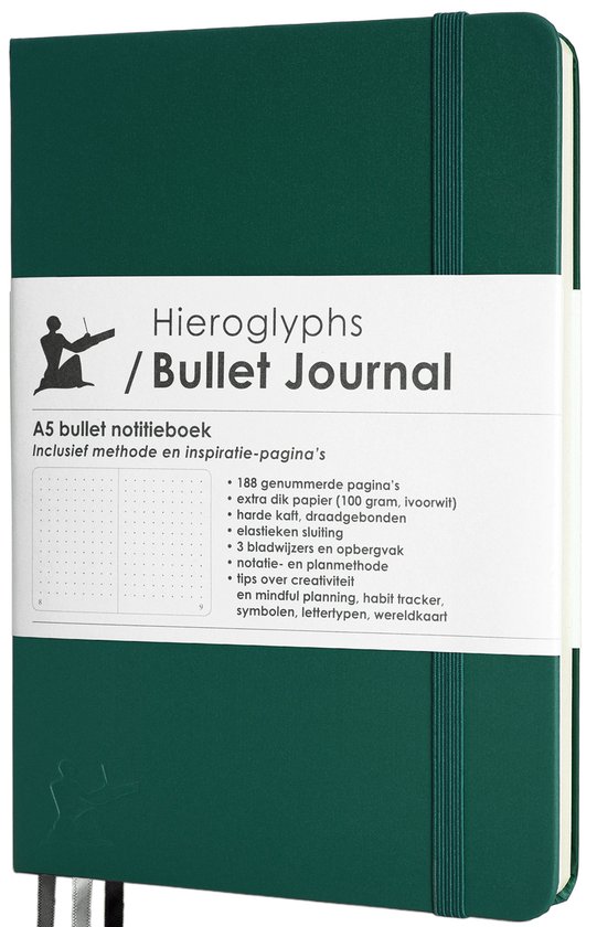 Hieroglyphs Bullet Journal - A5 notitieboek - Hardcover Notebook Dotted - Handleiding en Inspiratie - Nederlands - Groen - Forest Green