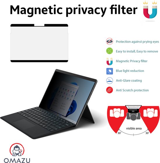 Omazu magnetisch privacy filter op een Microsoft Surface Pro laptop, 13 inch. Beschermt tegen inkijk, blauw licht en reflecties.