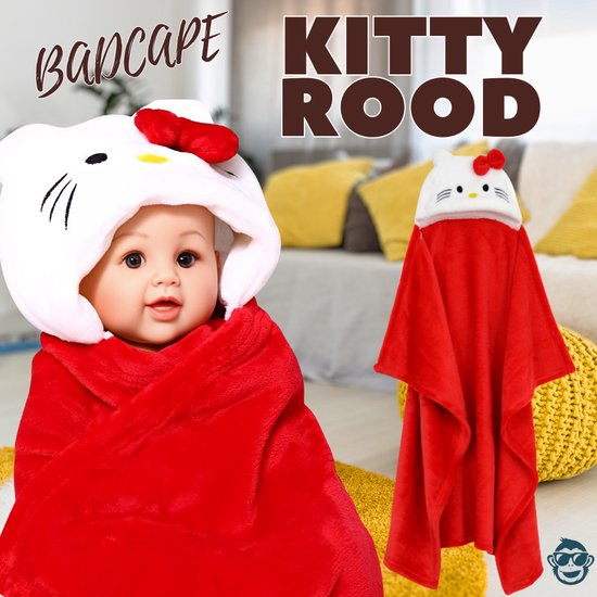 BoefieBoef Hello Kitty! 2-in-1 Fleece Badcape & Wikkeldeken voor Baby's/Peuters met Dierencapuchon: Warm, Zacht & Comfortabel - Ideaal als Kerst- Verjaardags of Kraamcadeau - Kat Rood — afbeelding 2