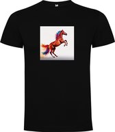 Zwart T-Shirt met “ Kleurrijke Prachtig Steigerend Paard – Kracht “ Print Full Color Maat S