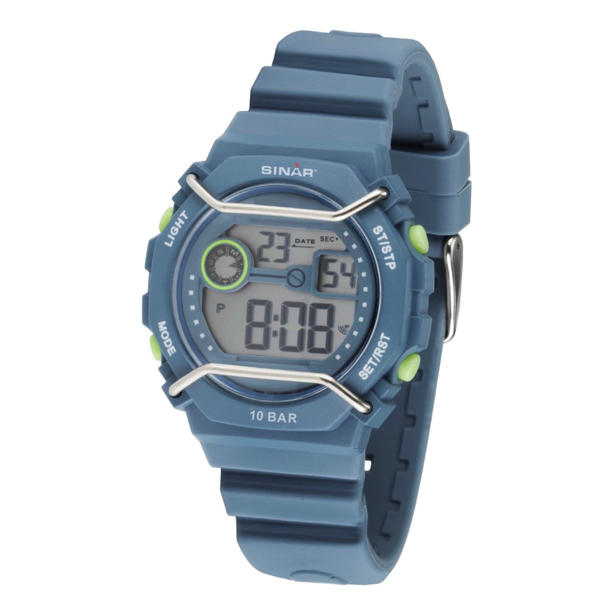 Sinar Horloge - Digitaal - Kind - Jeugd - Licht Blauw - Details in Grijs en Groen - 10 Bar Waterdicht - Ø 40 mm - Verstelbaar Bandje (14-19,5 cm) - Alarm - Stopwatch - Timer - Quartz - XE69-5
