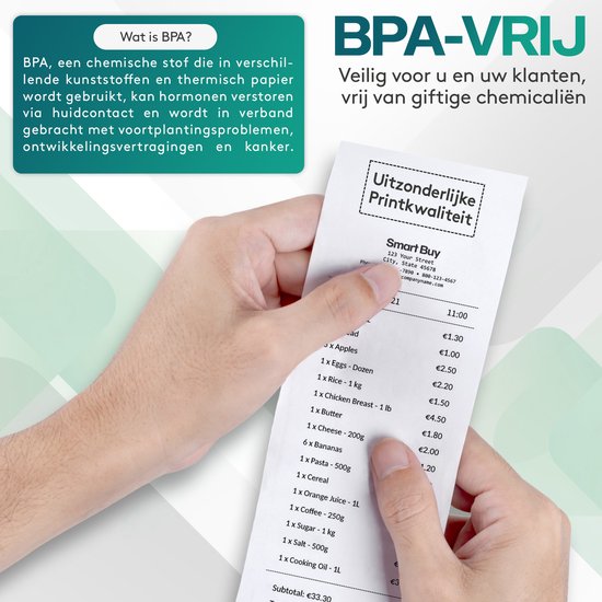 Kassabon met producten en prijzen, met de tekst 'BPA-VRIJ' en 'Uitzonderlijke Printkwaliteit'. Hand houdt de bon vast.