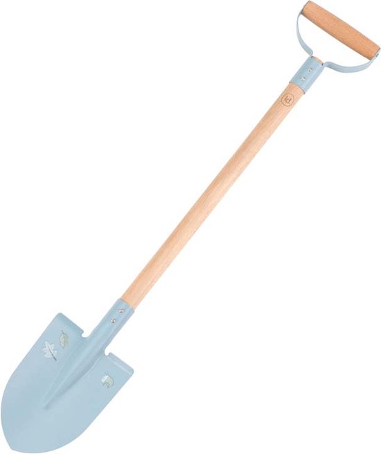 Lichtblauwe schop met houten D-handvat, versierd met lieveheersbeestje en bladeren.