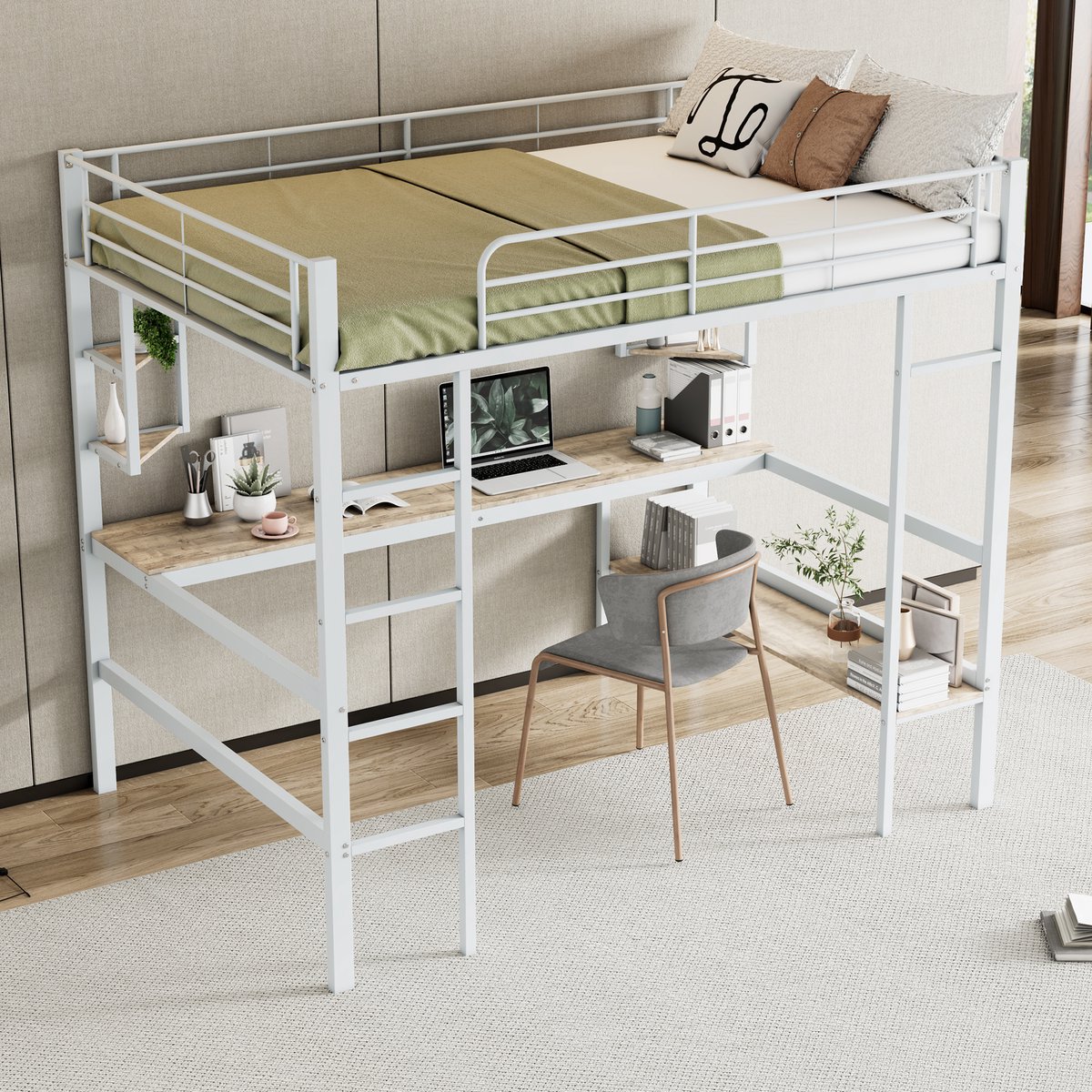 Sweiko Hoogslaper 140x200 cm, bureau en planken, metalen bedframe, zonder matras, wit