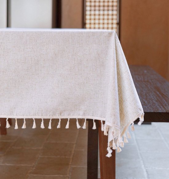Tafelkleed 300 x 145 – Rechthoek – Linnen Blend – 6 tot 10 personen – Pasen – Met Franjes – Beige