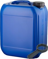 Blauwe 10 liter jerrycan met handvat, zwarte dop en bijpassende dop-sleutel.
