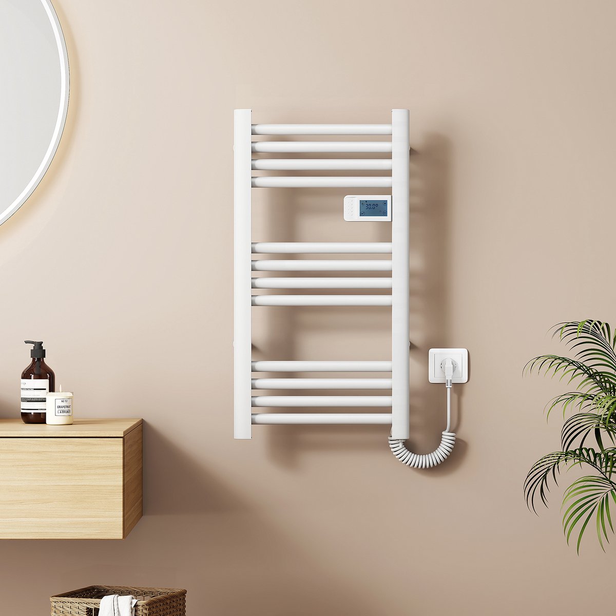 EMKE Elektrische Handdoekradiator - Met Smart Thermostaat - Glanzend Wit - 75x40 cm - 180W - Badkamer Radiator - Elektrische Radiator