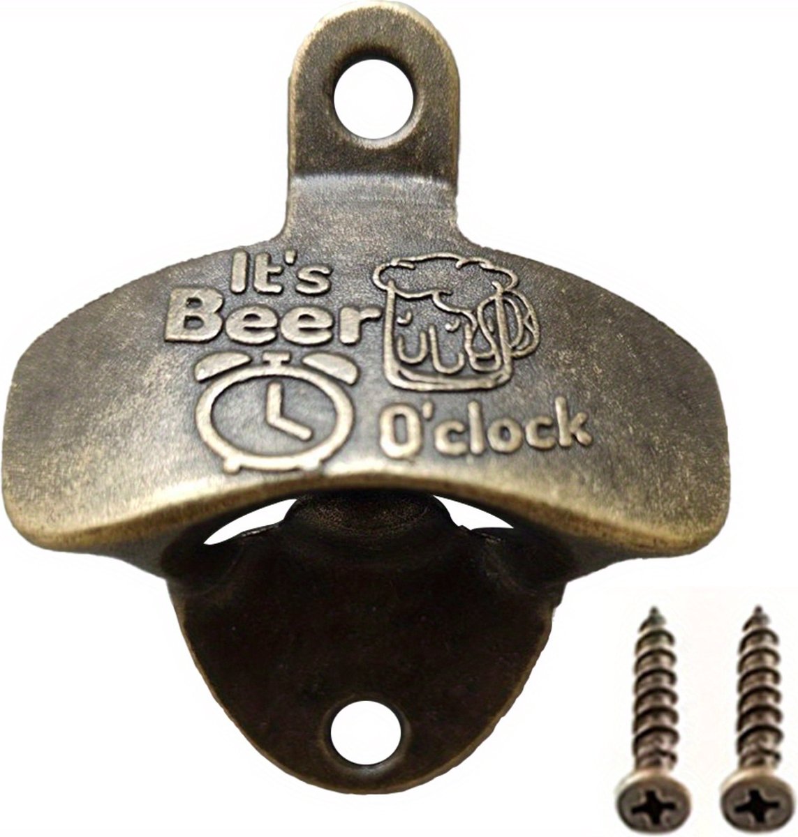 Flesopener - Wandmontage - Man Cave - It's Bier'O Klok - Flesopener Wandmontage met Schroeven - Vintage - Retro - Legering Brons - Bieropener - BBQ - DIY Gereedschap - Bar - Decor - Keuken - Gadgets