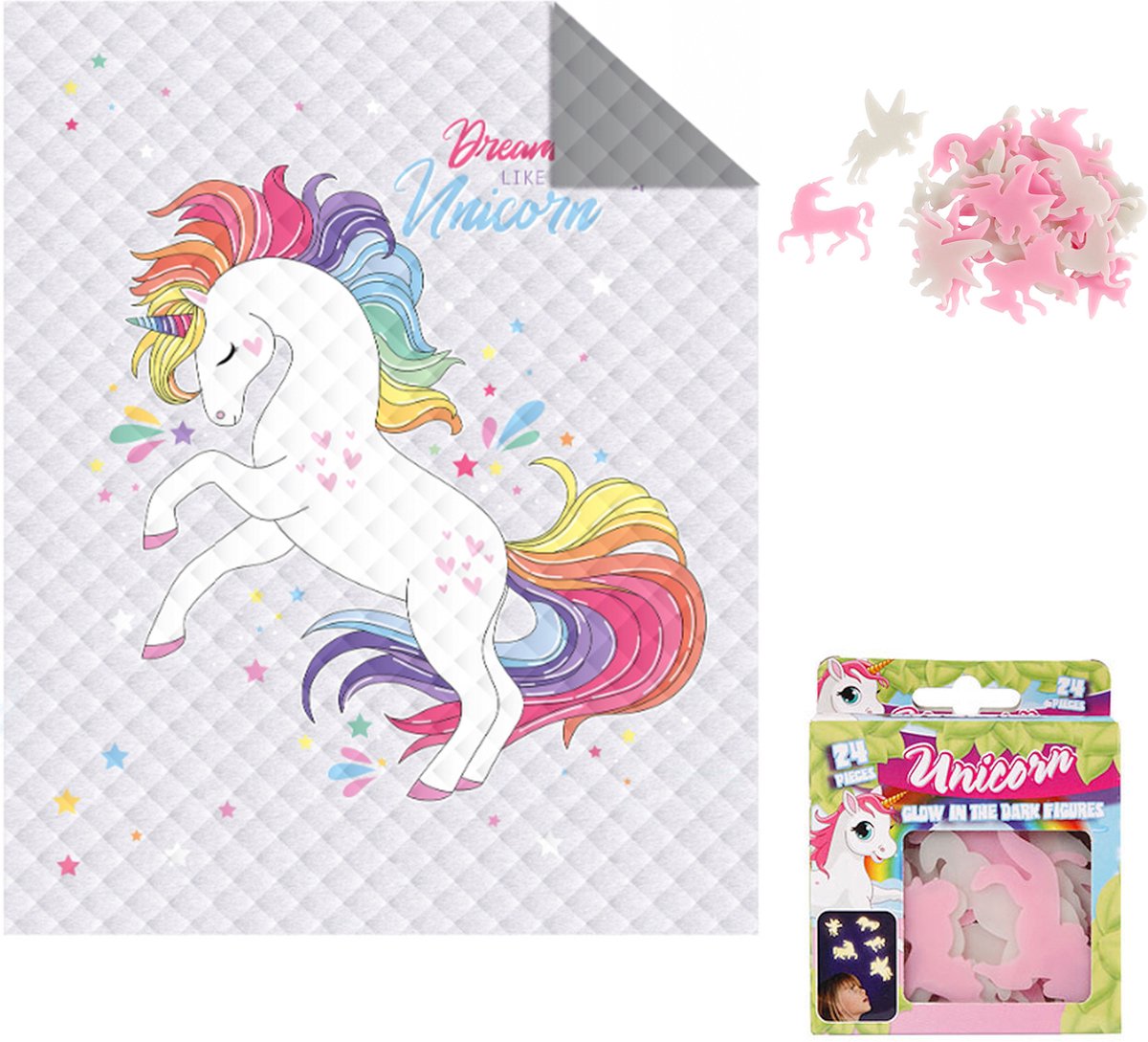 Bedsprei Unicorn - afmeting 170x210 cm - lichtgewicht - gewatteerd - inclusief glow in the dark set