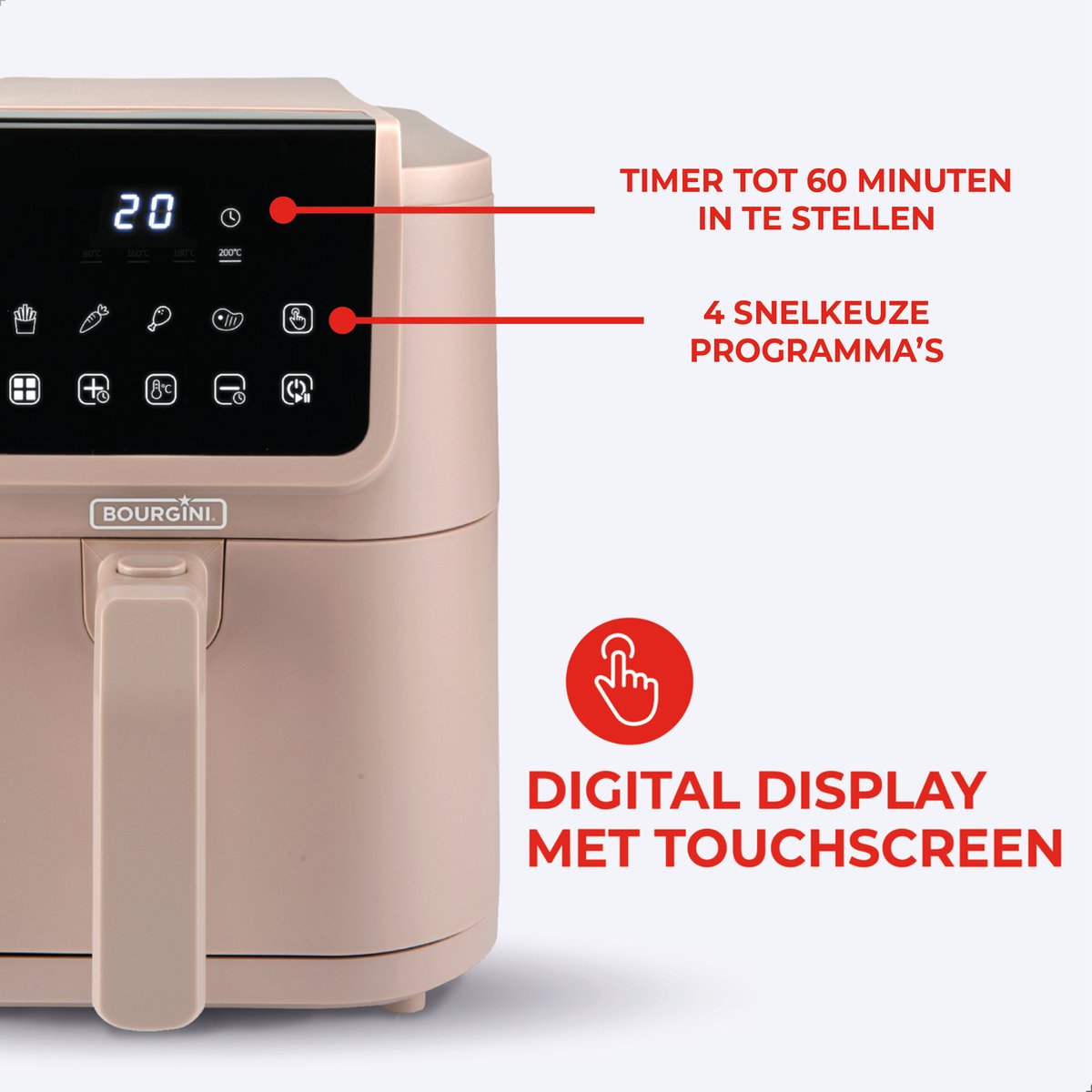 Afbeelding 3 van Bourgini Slimfit Airfryer XL Beige - Heteluchtfriteuse - 5 liter - 1500W - PFAS vrij