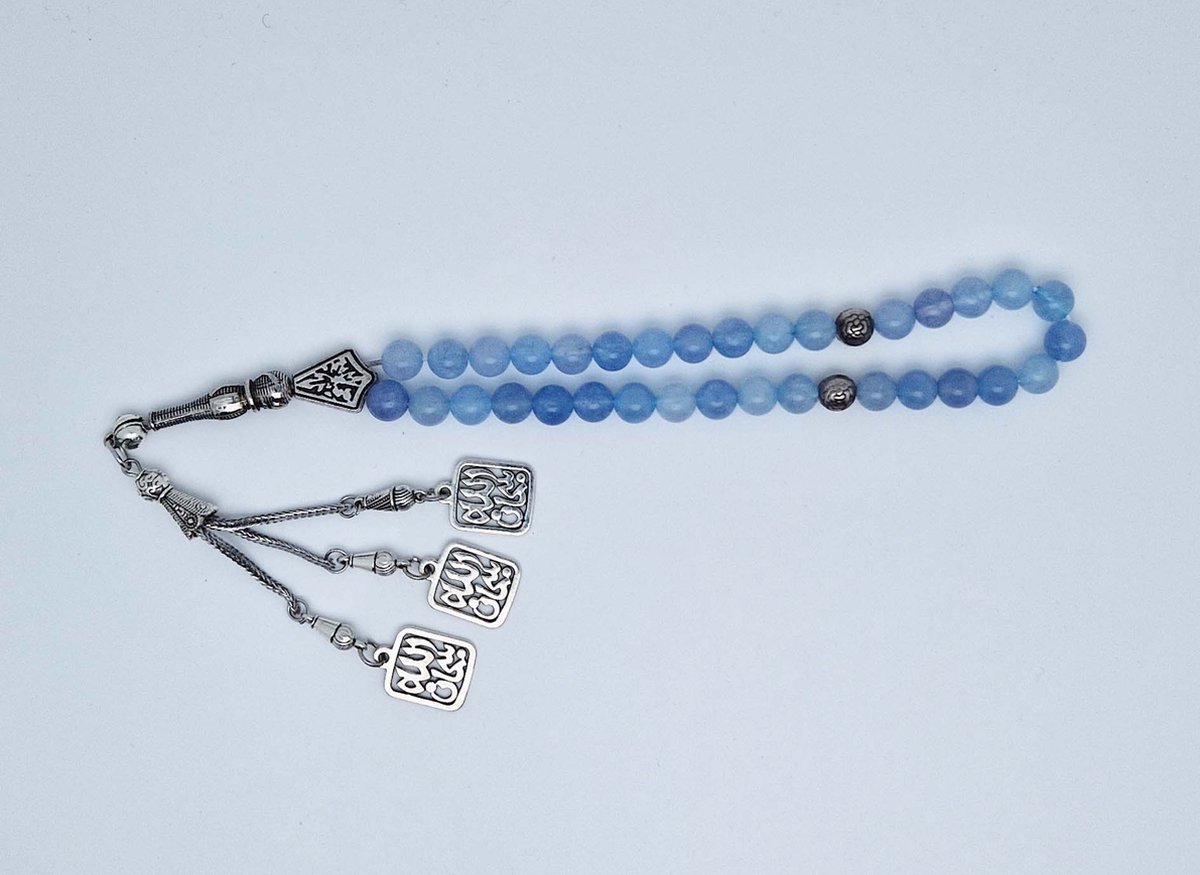 Handgemaakte tesbih "tasbih" natuursteen " Blauwe Jade " - Aantal kralen 33 - Diameter kralen 8 MM - met metaal tassel "model 2" - Een mooi cadeau-idee