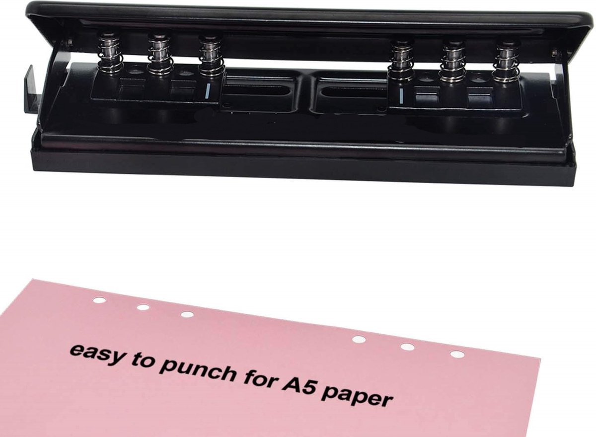 KZQ 1 stuk - Perforator - Verstelbare 6-gaats perforator - Dagelijkse papierperforator - Voor A5-formaat zes-rings planner - Navulpagina's - Zwart