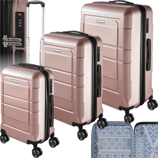 tectake® Ensemble de valises 3 pièces - Valises en ABS avec coque rigide avec revêtement supplémentaire - Serrure à combinaison TSA - Ensemble de bagages avec valise à main (42L) et bagages enregistrés Grande valise (71L et 111L) - Or rose