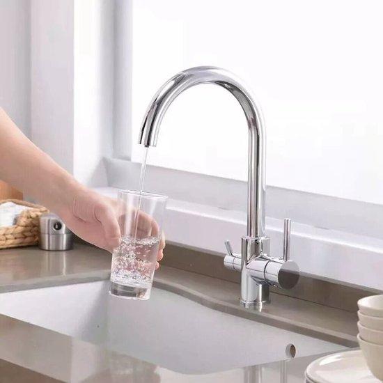 DAYONE 3-Way Kitchen Tap with 2 Levers, 360° Swivel Water Tap Kitchen Stainless Steel, 3-in-1 Mixer Tap for Water Filter Kitchen Faucet, Brushed