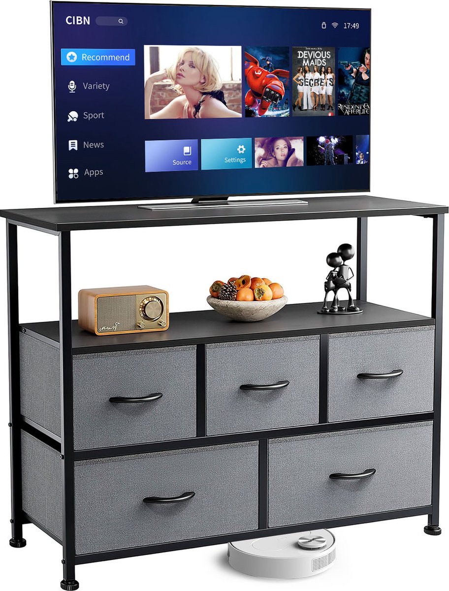 Commode TV-meubel entertainment center met 5 stoffen lades, mediatafel voor TV met open opbergruimte, opbergrek voor woonkamer, hal en entree, 100 x 30 x 80 cm (LBH).-Grijs