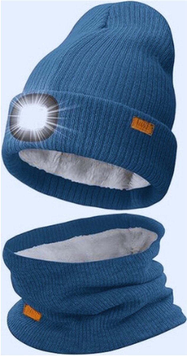 LED Verlichte Muts En Sjaal Pak USB Oplaadbare 4 LED Running Koplamp Heldere Pet Met Licht Winter Warm Gevoerd Fleece Nek Beenkappen En Gebreide Beany Geschenken Voor Mannen En Vrouwen Blauw
