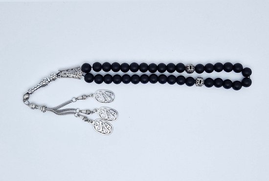 Tesbih "tasbih" fait main en pierre naturelle "Onyx noir mat" - Nombre de perles 33 - Diamètre perles 10 MM - avec pompon en métal "modèle 6" - Une belle idée cadeau