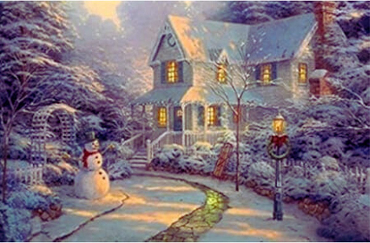 Grote Feestelijke Sneeuwpop Winter Kerst Sneeuw Scene Licht op LED Canvas-Foto – Magische Kerstdecoratie met Verlichte LED's voor Feestelijke Sfeer