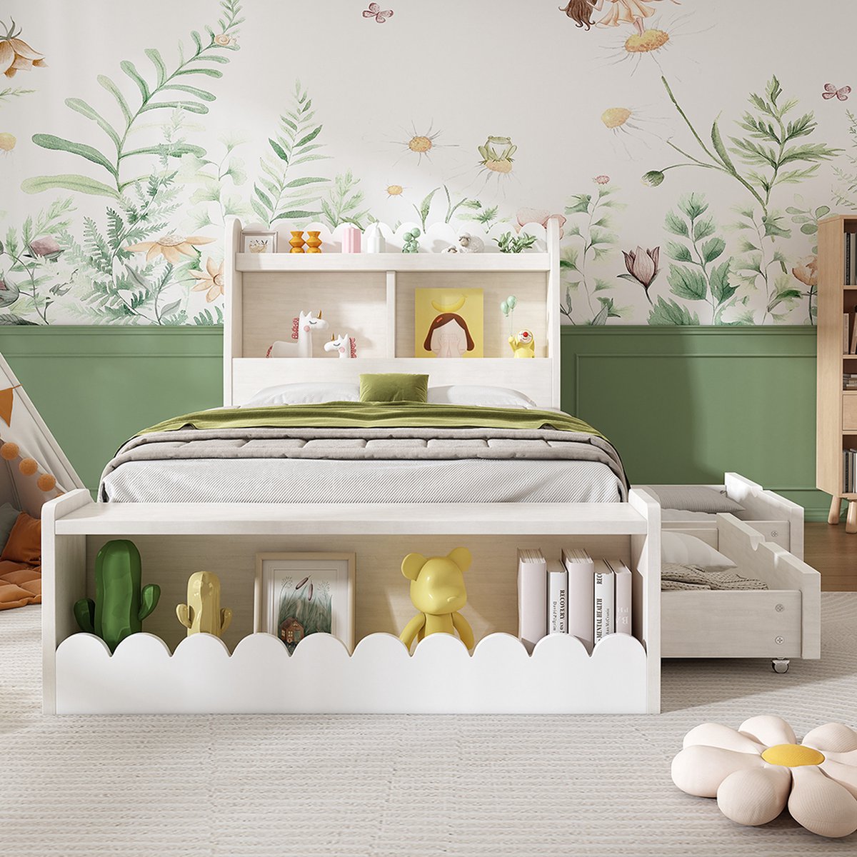 KOMHTOM Eenpersoonsbed Opbergbed voor kinderen 90 x 200 cm met 2 lades legplank en opbergbank Wit