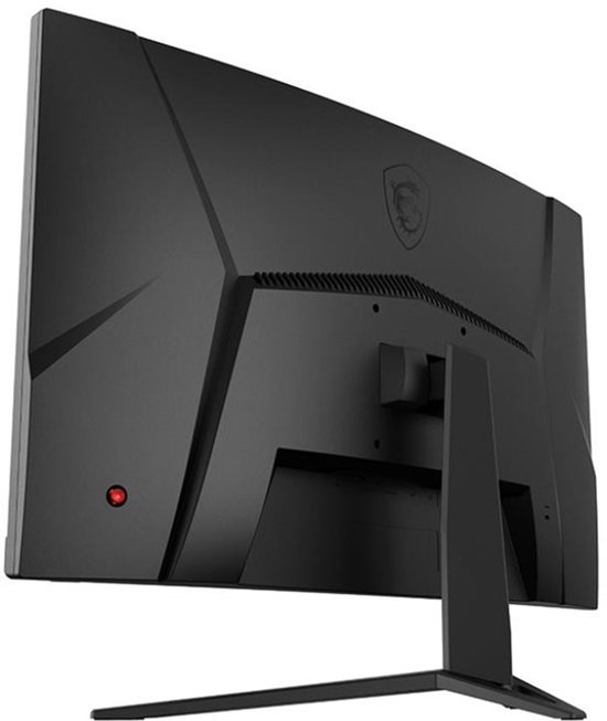 Achterkant van een zwarte MSI gebogen monitor, van de zijkant gezien.