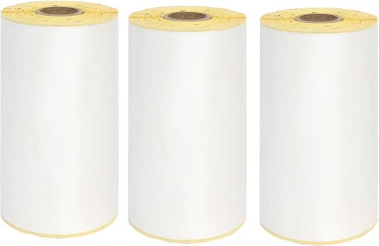 Drie witte rollen zelfklevende labels met een gele kern, geschikt voor diverse labelprinters.