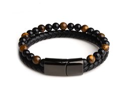 Tijgeroog Armband | Heren | Magneet Sluiting | leer en kralen | Zwart 21cm | Armbanden | Cadeau voor hem | verjaardag man