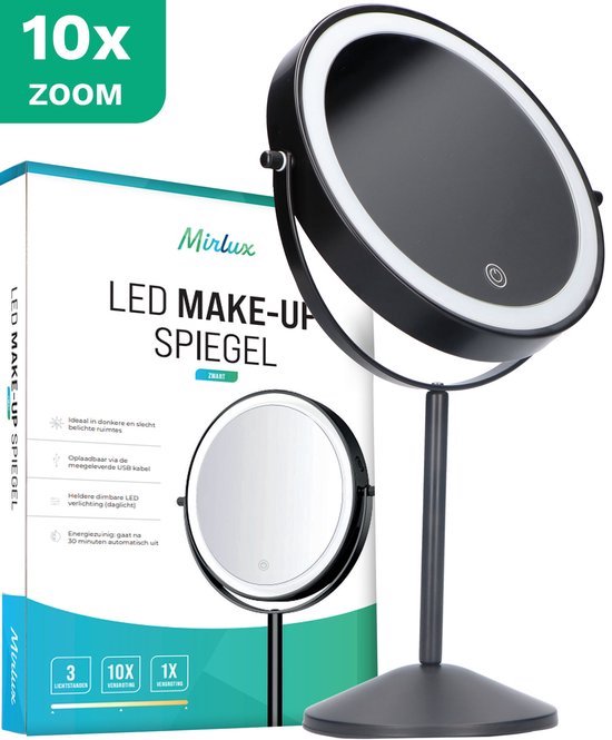 Mirlux Make Up Spiegel met LED Verlichting - 10x Vergroting Licht – Scheerspiegel Klein Op Voet - 3 Lichtstanden - Oplaadbaar - Vergrootspiegel Zwart