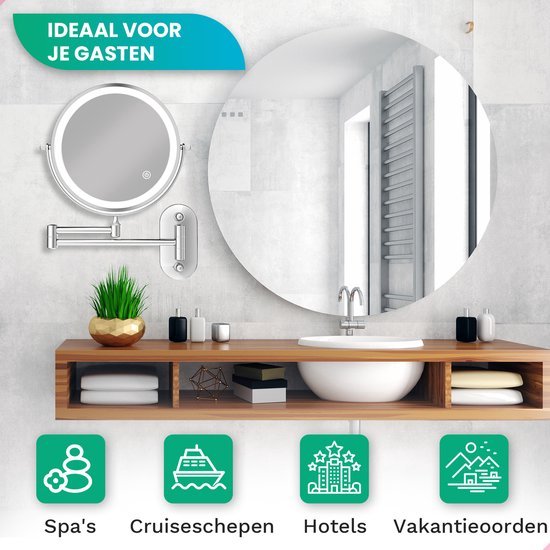 Spiegel ideaal voor gasten in spa's, cruiseschepen, hotels en vakantieoorden. Zilverkleurige spiegel met LED ring.