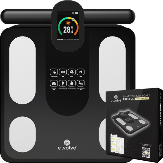e.volve Weegschaal Personenweegschaal Digitaal - USB Oplaadbaar - Slimme Weegschaal met 32x Lichaamsanalyse - Incl. App & Handvat