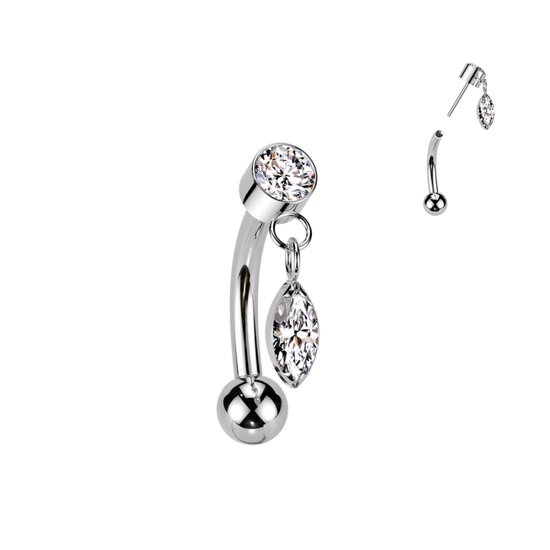 Zilverkleurige gebogen barbell piercing met aan de onderkant een hangertje met een druppelvormige steen en aan de bovenkant een ronde steen.
