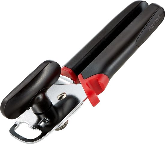 Zwarte Tefal blikopener met rode accenten en een ergonomische handgreep.