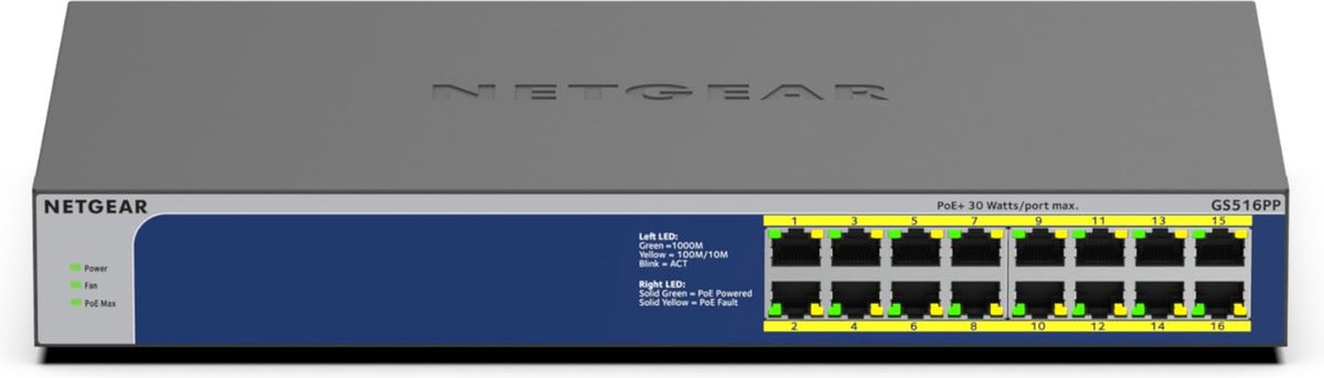 NETGEAR GS516PP - Netwerk Switch - Unmanaged - 1 Gbps - PoE Switch - 16 poorten