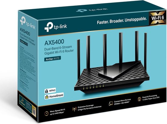 TP-Link Archer AX5400 Dual-Band 6-Stream Gigabit Wi-Fi 6 Router. Zwarte router met 6 antennes.