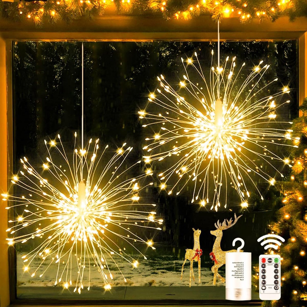 oCreon Vuurwerk Kerstverlichting Set van 2 - 180 LEDs - 8 Modi - Dimbaar - Batterij - Waterproof voor Binnen & Buiten