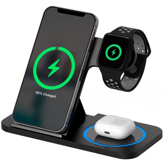 Strex 3-in-1 Draadloze Oplader - Oplaadstation - 15W Snellader - Opvouwbaar - Geschikt voor iOS & Android, Apple Watch, AirPods en Draadloze oortjes - Zwart