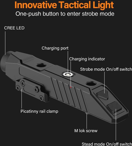 DARKFANG lampe de poche tactique 1450 lumens 2 en 1 Picatinny et mlok monté lampe de poche LED rechargeable pour la chasse en plein air