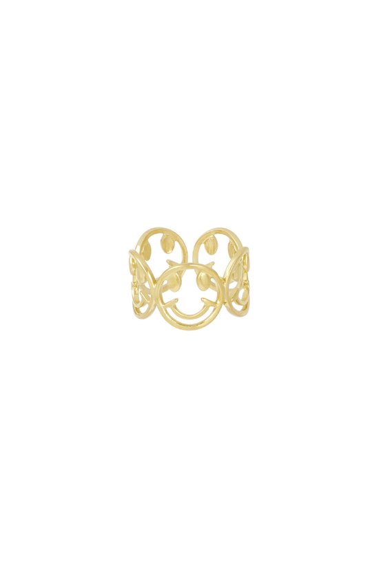 Gouden ring met meerdere smiley gezichten als open ontwerp.