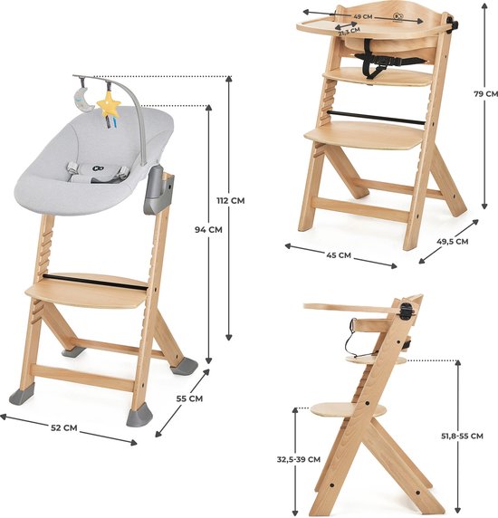 Afmetingen van houten kinderstoel en schommelstoel. Kinderstoel met dienblad is 49 cm breed. Baby-inzet op kinderstoel is 112 cm hoog.