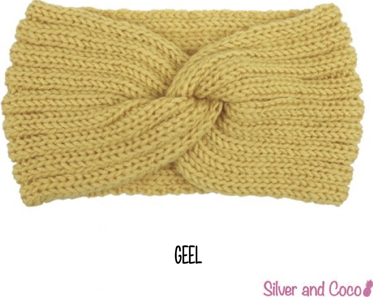 SilverAndCoco® - Winter Haarband Dikke Warme Fluffy Elastische Hoofdband Gedraaid Wol / Geribbelde Wollen Brede Haarbanden Dames / Zachte Grijze Warm Bonten Elastische Meisjes Knoop Breed - Geel