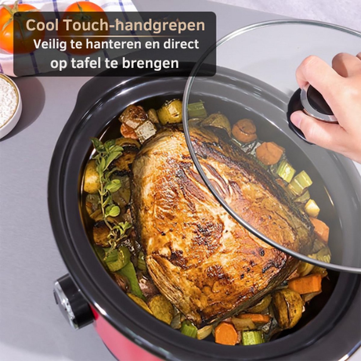 Afbeelding 3 van Slowcooker - Slowcookers - Kooktoestel - 3 Warmtestanden - Vaatwasmachinebestendig - Glazen Deksel - Met Energiezuinige Functie - Cool Touch Handgrepen - Roestvrij Staal - Keramische Binnenpan - Met Temperatuur Indicator