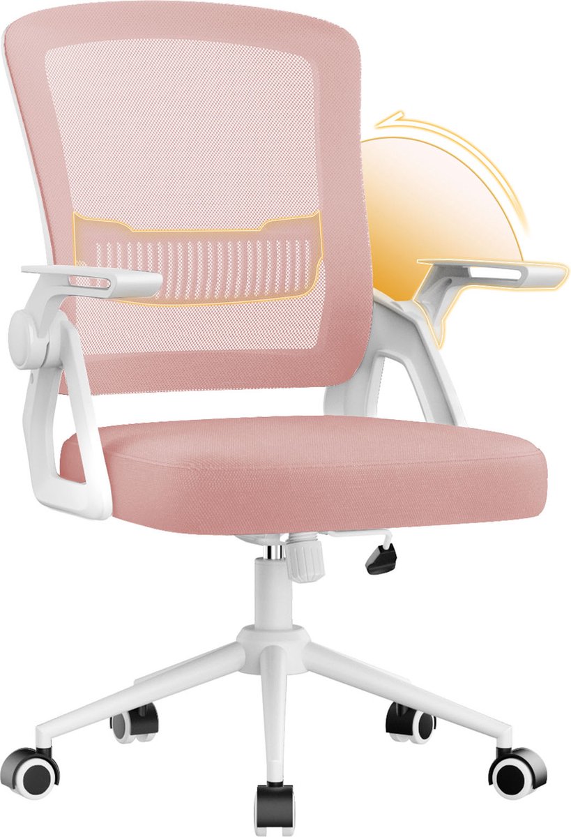 Ergonomische bureaustoel met inklapbare armleuningen - In hoogte verstelbare bureaustoel - Ergonomische ademende mesh met lendensteun - 360° draaibare wielen - Roze van Merkloos / Sans marque