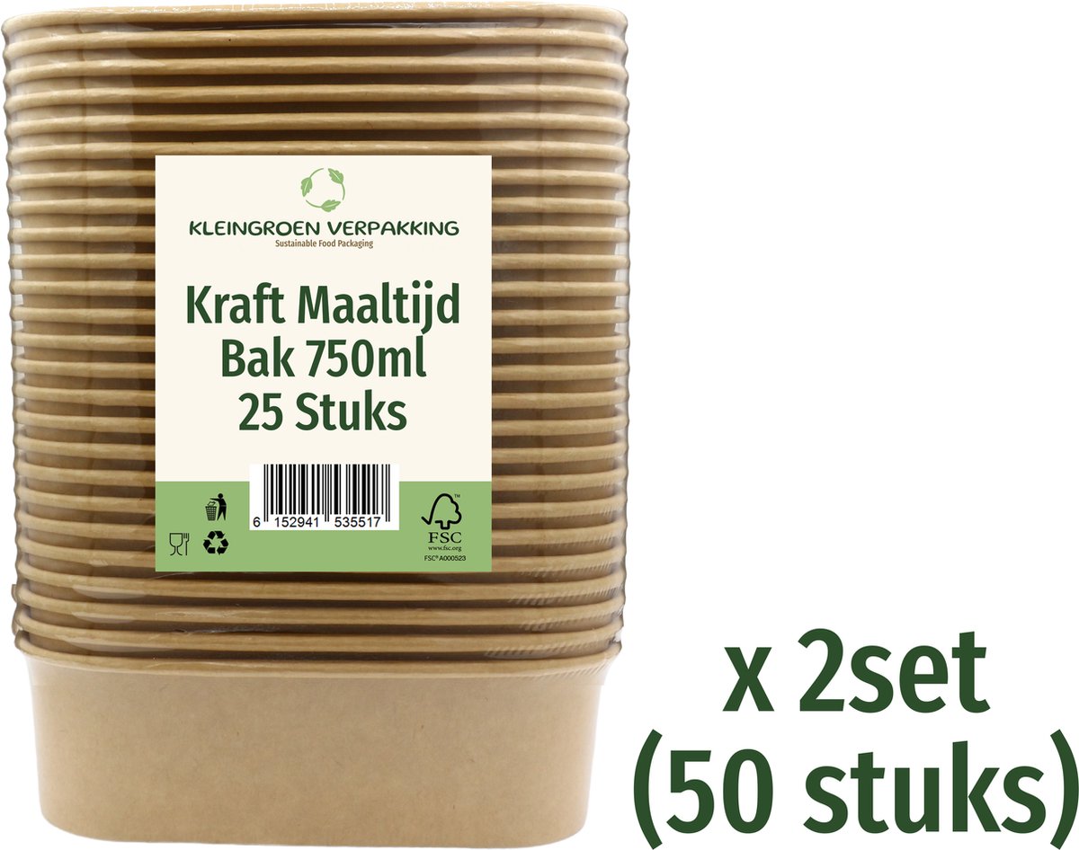 Kraft Maaltijdbak met Deksel - Karton - Magnetron Bak - 750ml - 50 stuks - Vierkante Salade / Lunch Bak