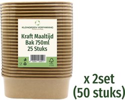 Kraft Maaltijdbak met Deksel - Karton - Magnetron Bak - 750ml - 50 stuks - Vierkante Salade / Lunch Bak