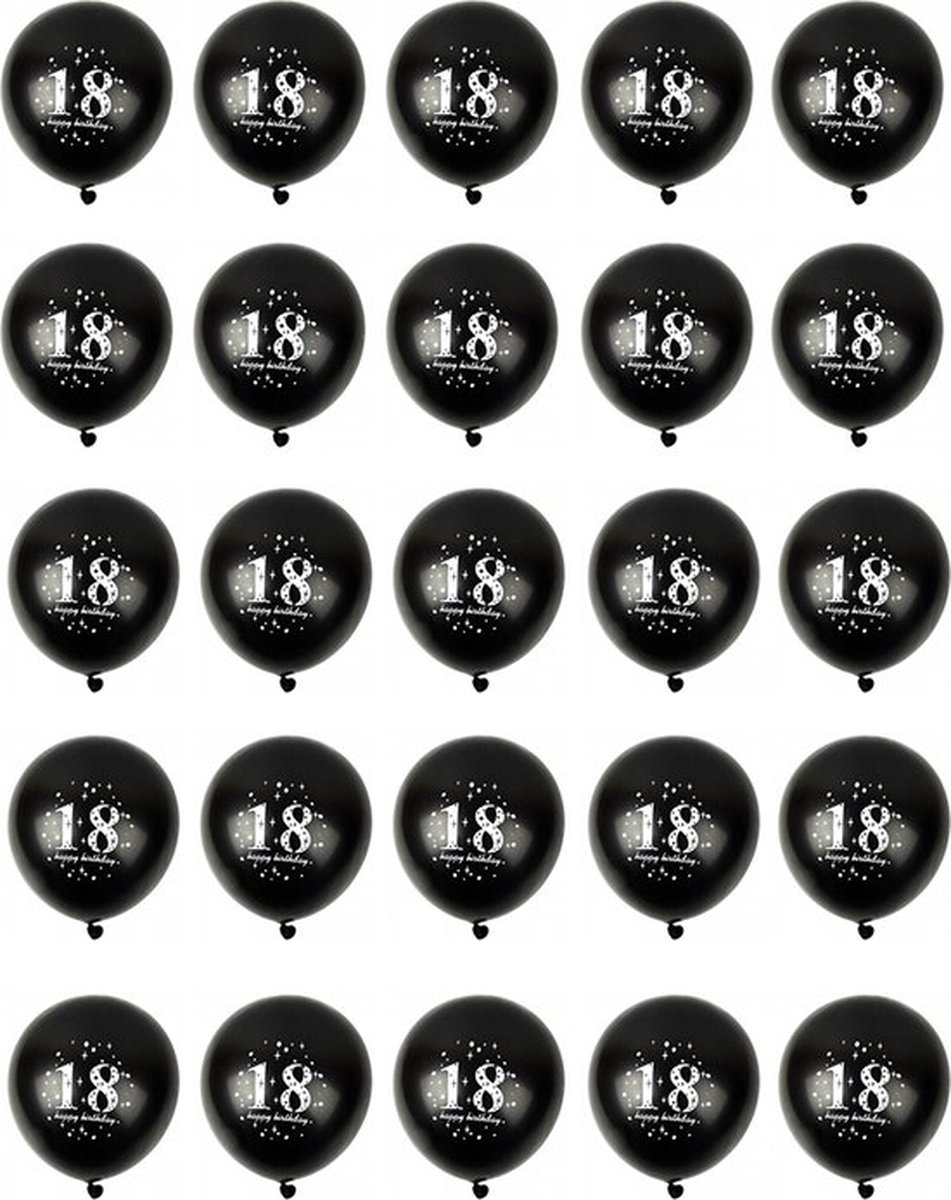 25 Zwarte Ballonnen met Opdruk '18' en 'Happy Birthday