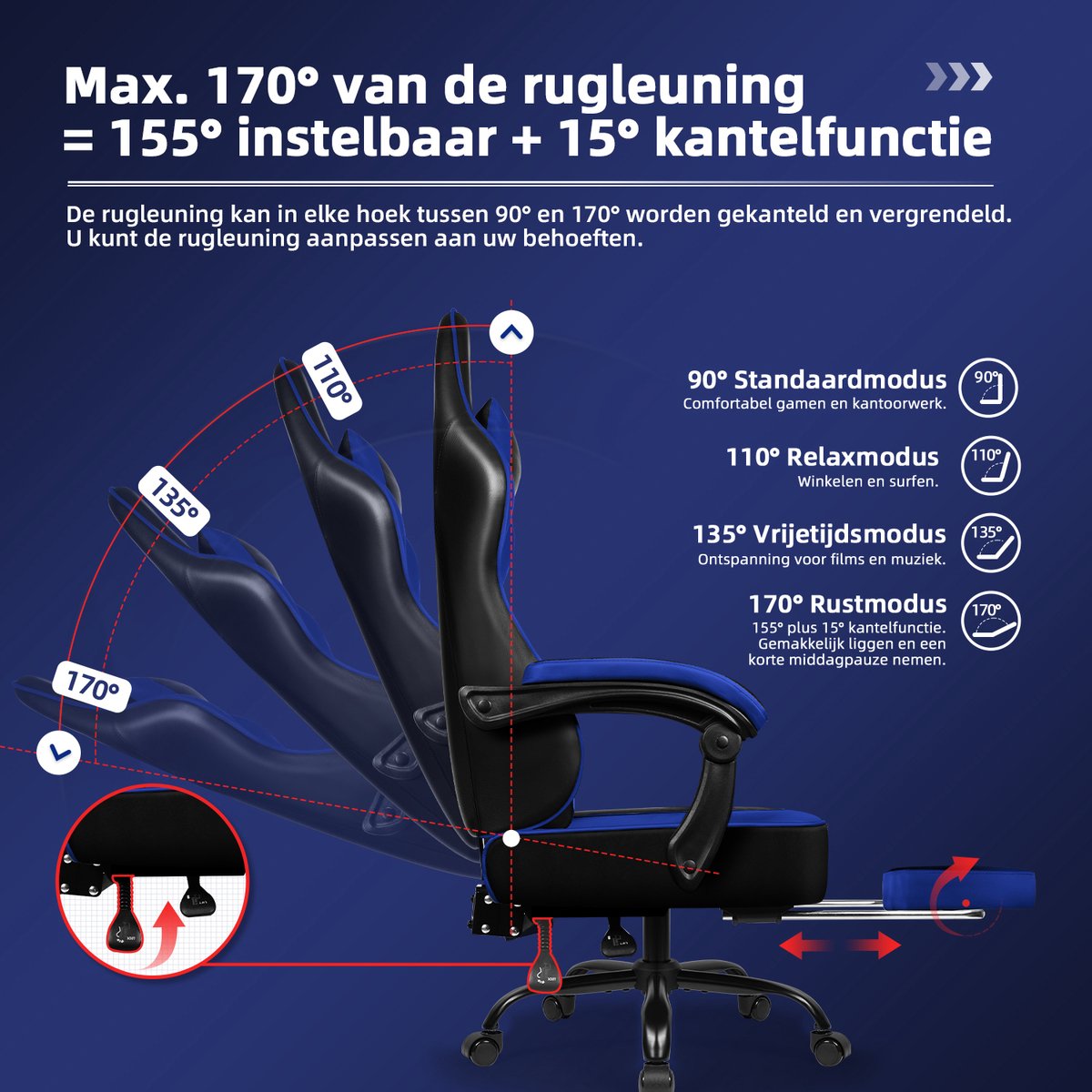 Afbeelding 3 van Hiaonyx Gaming Stoel - 170° Verstelbare Rugleuning - Gamestoel met inklapbare Voetsteun - racerstijl - Geïntegreerde Armleuningen Game Stoel - Maximale Belastbaarheid 150kg - Zwart Blauw
