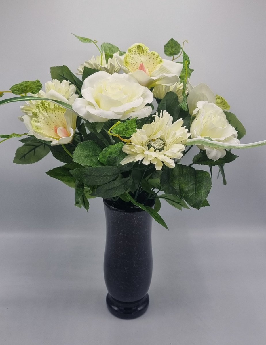 Boeket - U514-m1/4 - Roos - Gerbera - Orchidee - 45cm - Wit - 11 bloemen - Grafdecoratie - Zijdenbloemen - Kunstbloemen