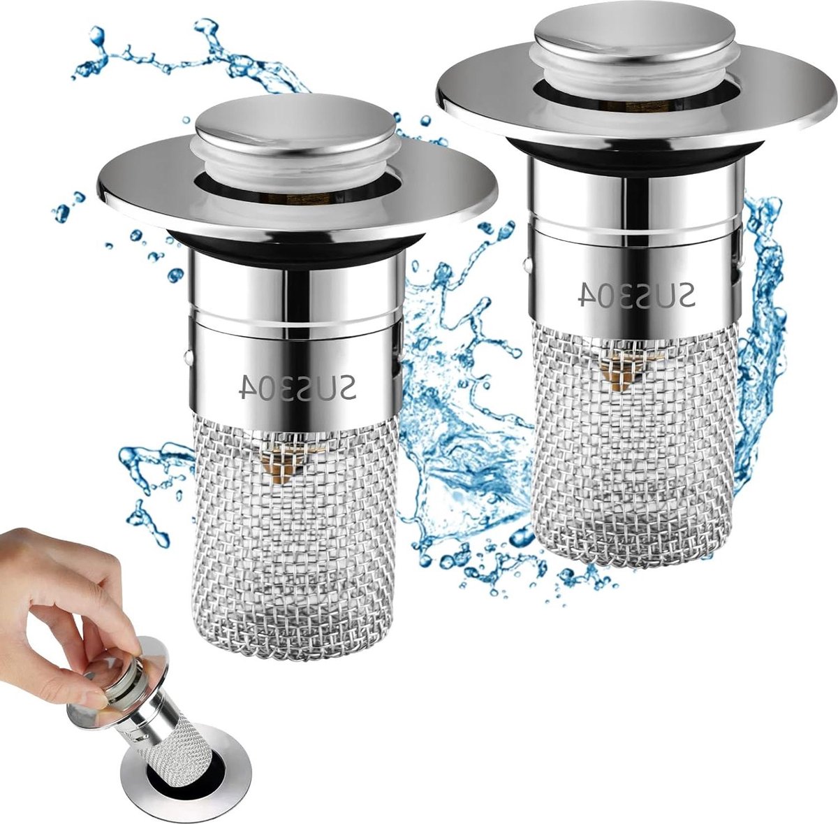 Goedkoopste Roestvrijstalen afvoerfilter - Afneembare wastafel zeef - Lange filtermand - Push-type gootsteenzeef - Keuken badkamer - Afvoergat 34-40 mm - 2 stuks