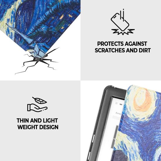 Lunso - Geschikt voor Kobo Glo / Glo HD / Touch 2.0 hoes (6 inch) - sleep cover - Van Gogh Sterrennacht — afbeelding 3